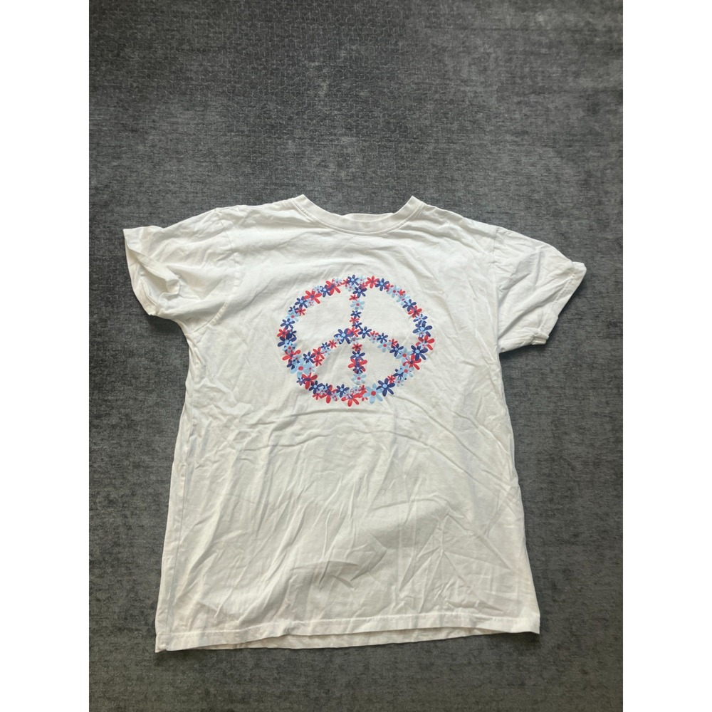 A Summer Tee Shirt Unisex Large White Floral Peace Sign Graphic Cotton Crew Neck